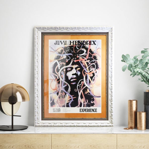 custom framed Jimi Hendrix poster framed in double white and silver rustic frames and matted with orange suede Hall of Frames Arizona