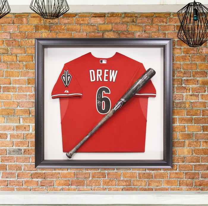 Custom Framed AZ Diamondbacks Stephen Drew jersey and game bat, framed in a traditional black shadowbox and mounted on a white mat board Hall of Frames Arizona