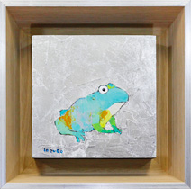 custom framed original painting of frog by artist Trevor Mikula, framed in wooden silver-tipped Larson-Juhl floater frame Hall of Frames Arizona