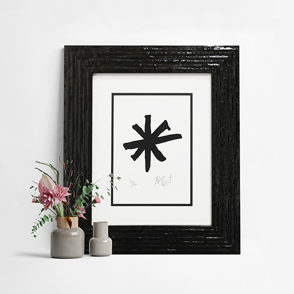 black and white modern art print framed in chunky black lacquer Fotiou frame with black and white matting Hall of Frames Arizona