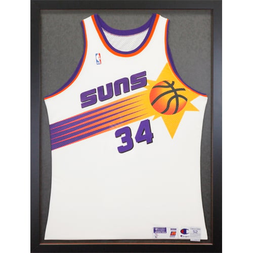 Custom framed Phoenix Suns jersey framed in a classic black frame and black mat Hall of Frames Arizona