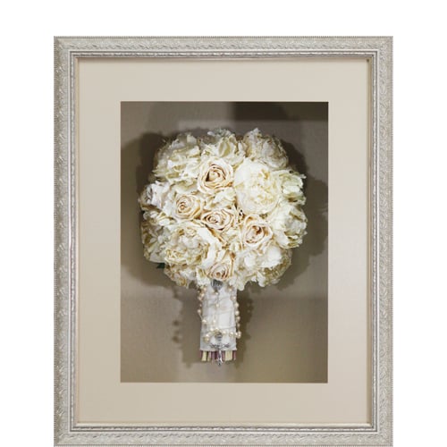 Custom framed dried bouquet of roses framed in a soft silver shadowbox frame Hall of Frames Arizona
