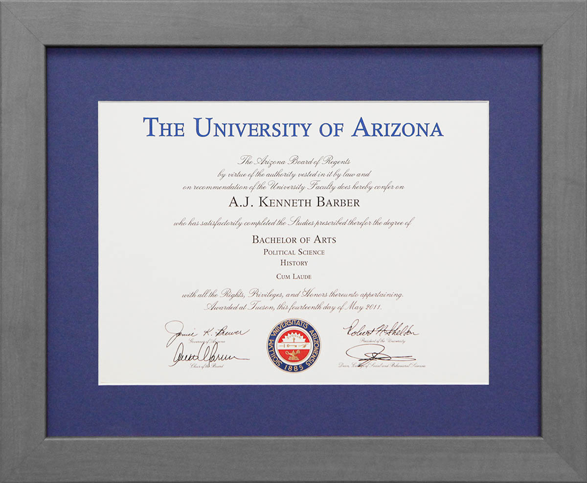 Custom Framed UofA Diploma Hall of Frames Arizona