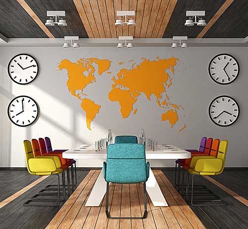 Corporate office with clocks and wall art Hall of Frames Arizona