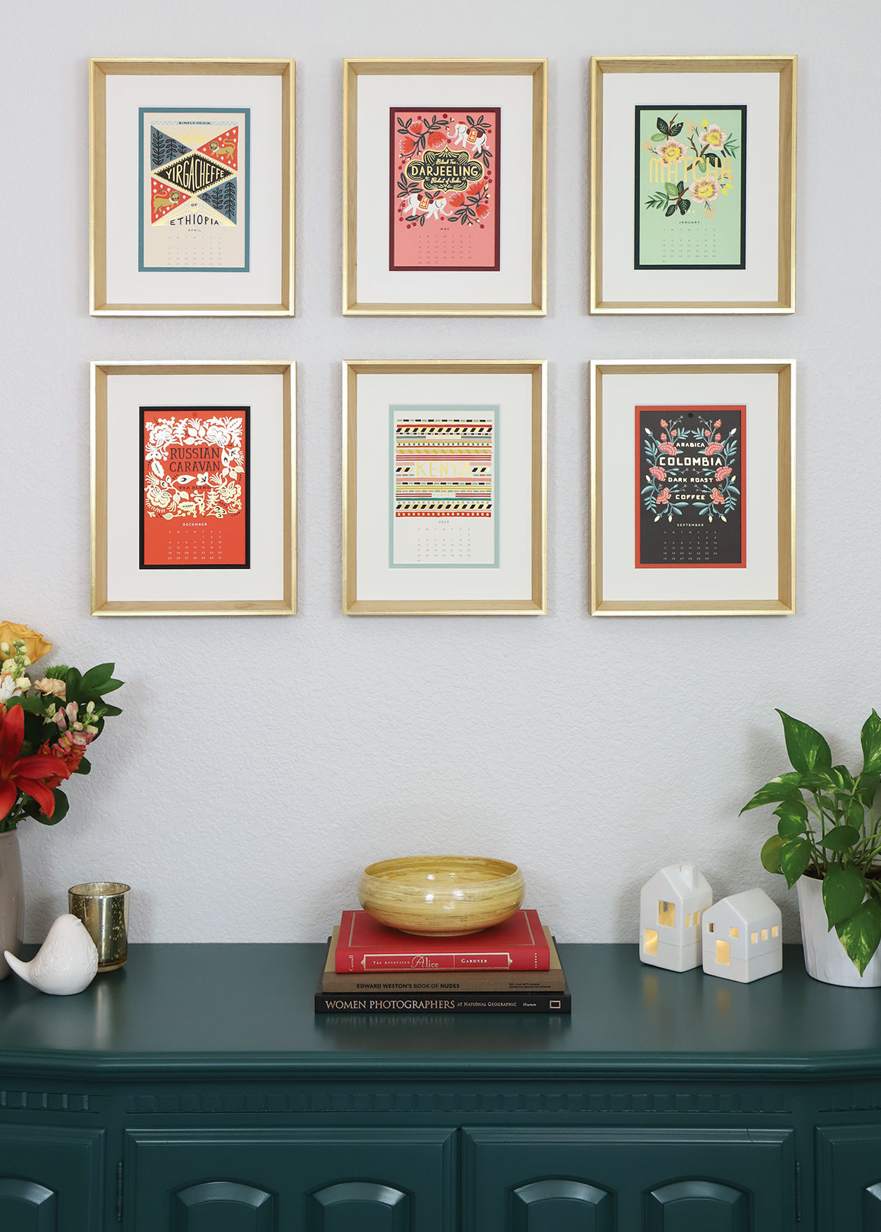 Framed Calendar prints hanging in home