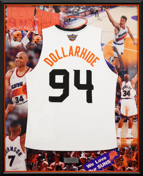 Custom Framed Phoenix Suns Jersey with a photo collage mat background from Hall of Frames Arizona