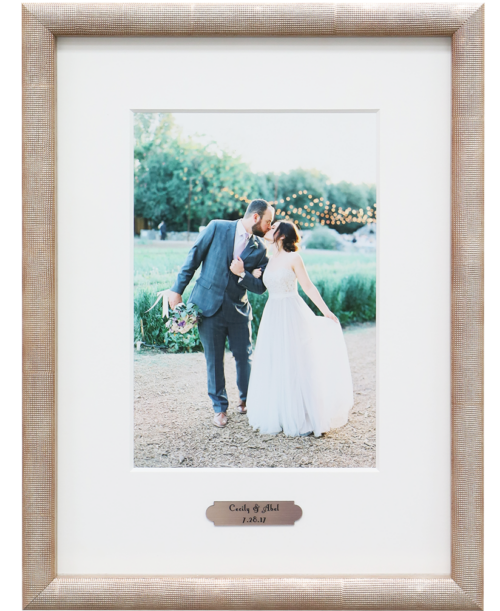 Custom framed wedding photo with Custom created laser engraved names and date on mat in frame Hall of Frames Arizona