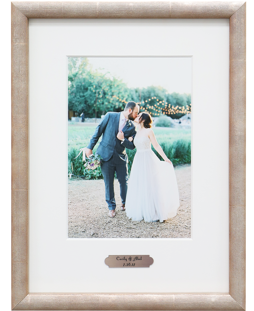 Custom framed wedding photo with Custom created laser engraved names and date on mat in frame Hall of Frames Arizona