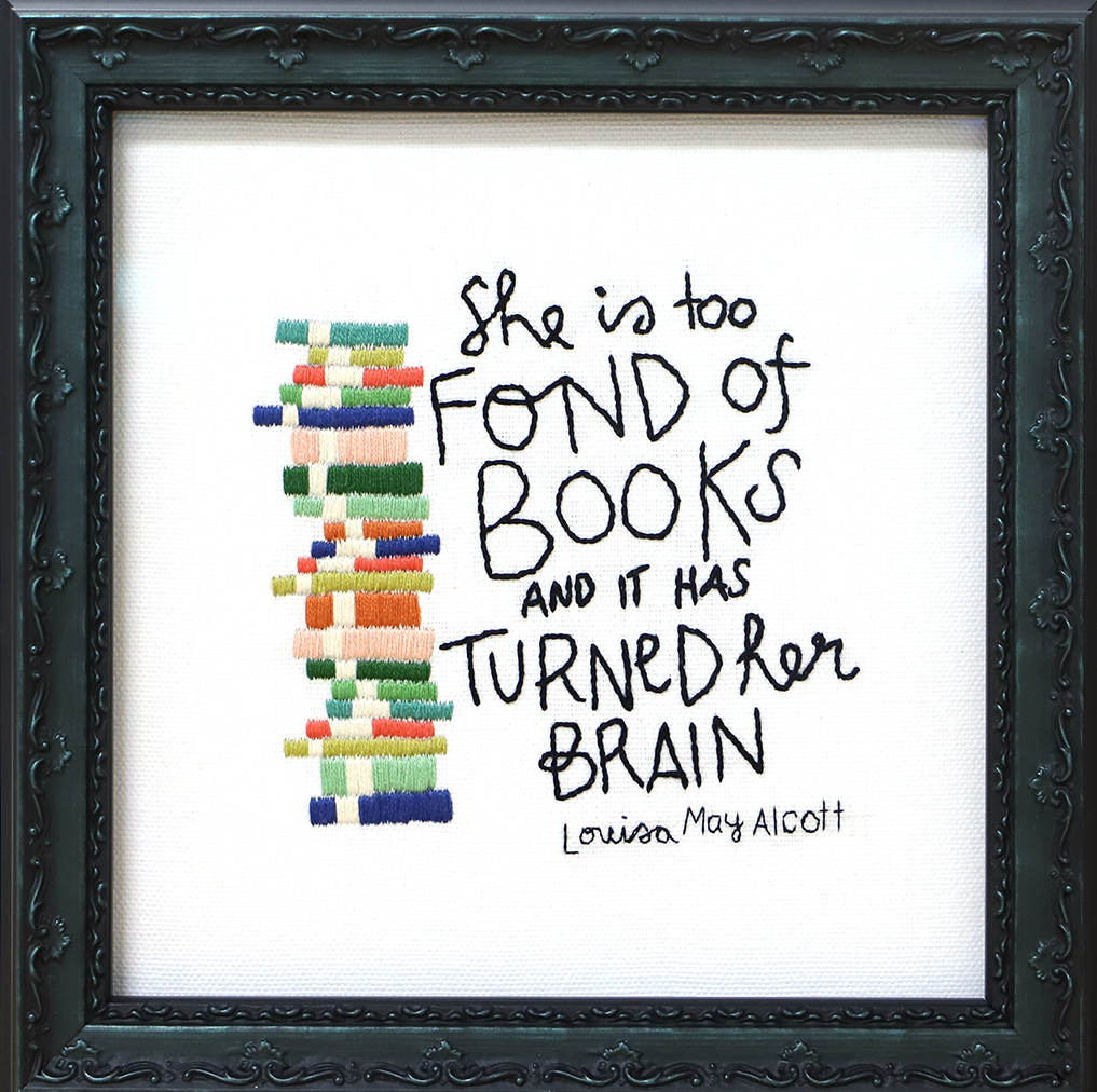 Framed Embroidered Quote about Books by Louisa May Alcott