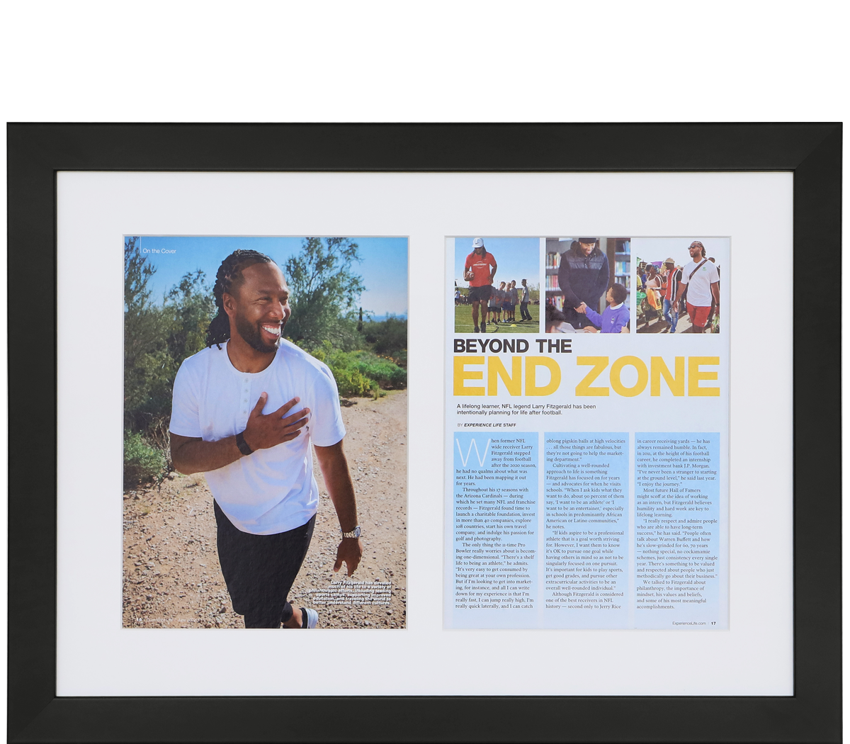 A photo of custom framed two page magazine article spread by Hall of Frames.