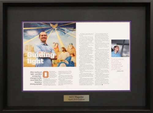 Photo of a custom framed magazine article Hall of Frames