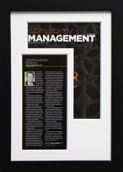 A custom framed online article for Security Management Magazine by Hall of Frames.