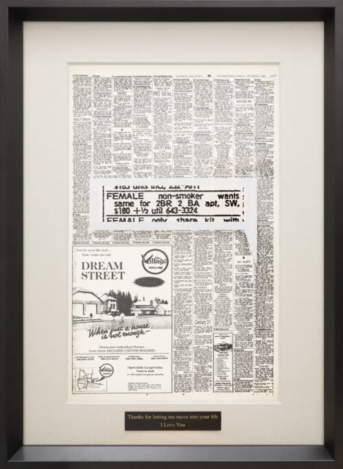 A photo of a custom framed personal ad newspaper article from Hall of Frames.