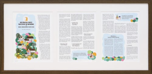 A photo of a framed three pages digital article by Hall of Frames.