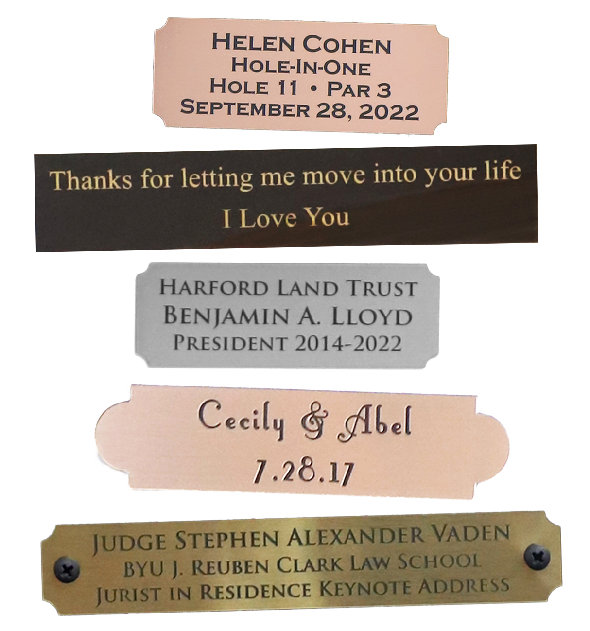 Photo of several engraved plates made by Hall of Frames