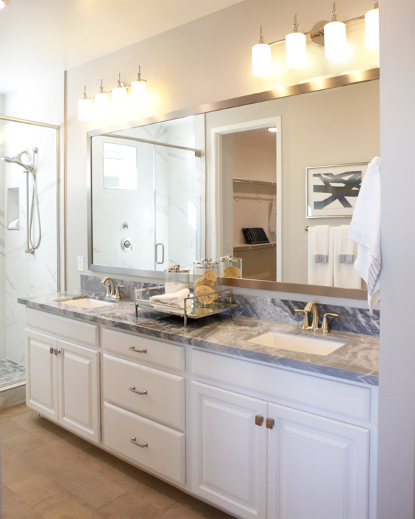 Stainless Steel Framed Mirror in Contemporary Bathroom with Double Vanity and Satin Nickel Hardware