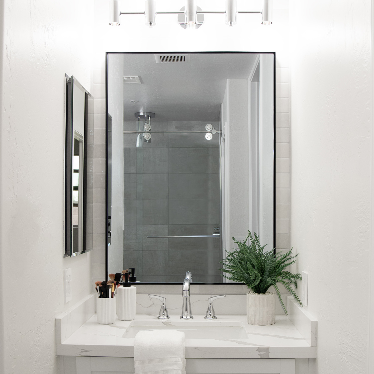 Infinity Black Framed Mirror in Neutral, White and Gray Bathroom
