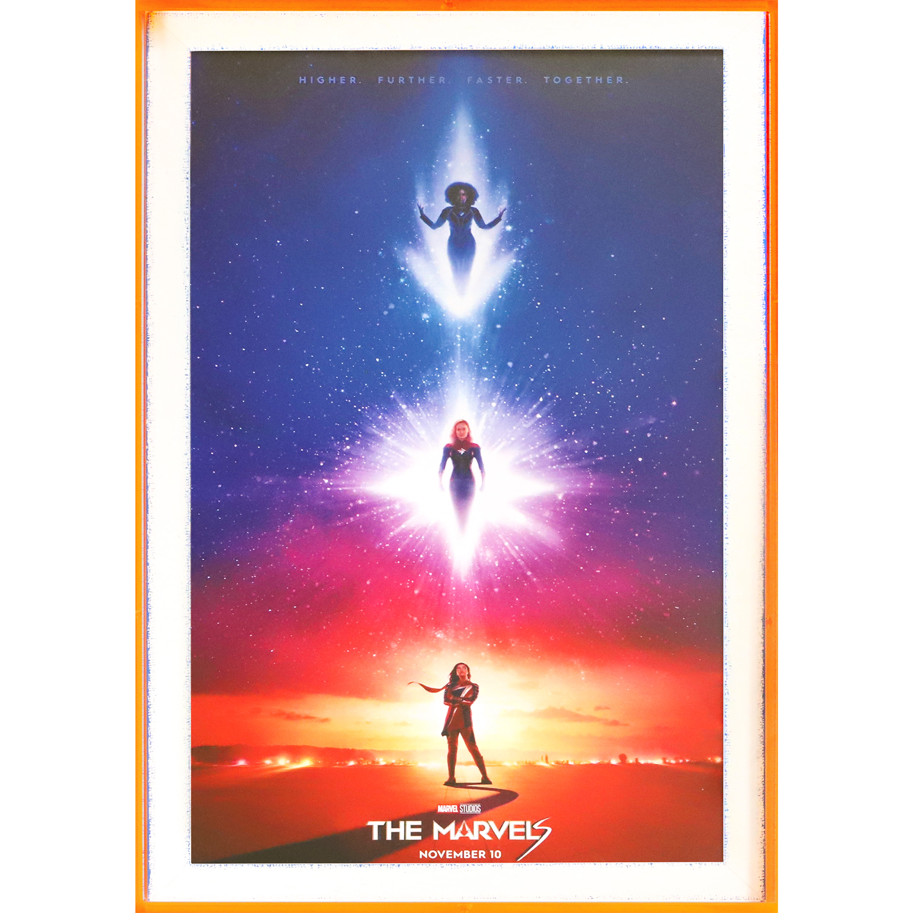 The Marvels Movie Poster in Custom White and Orange Acrylic Shadow Box Frame