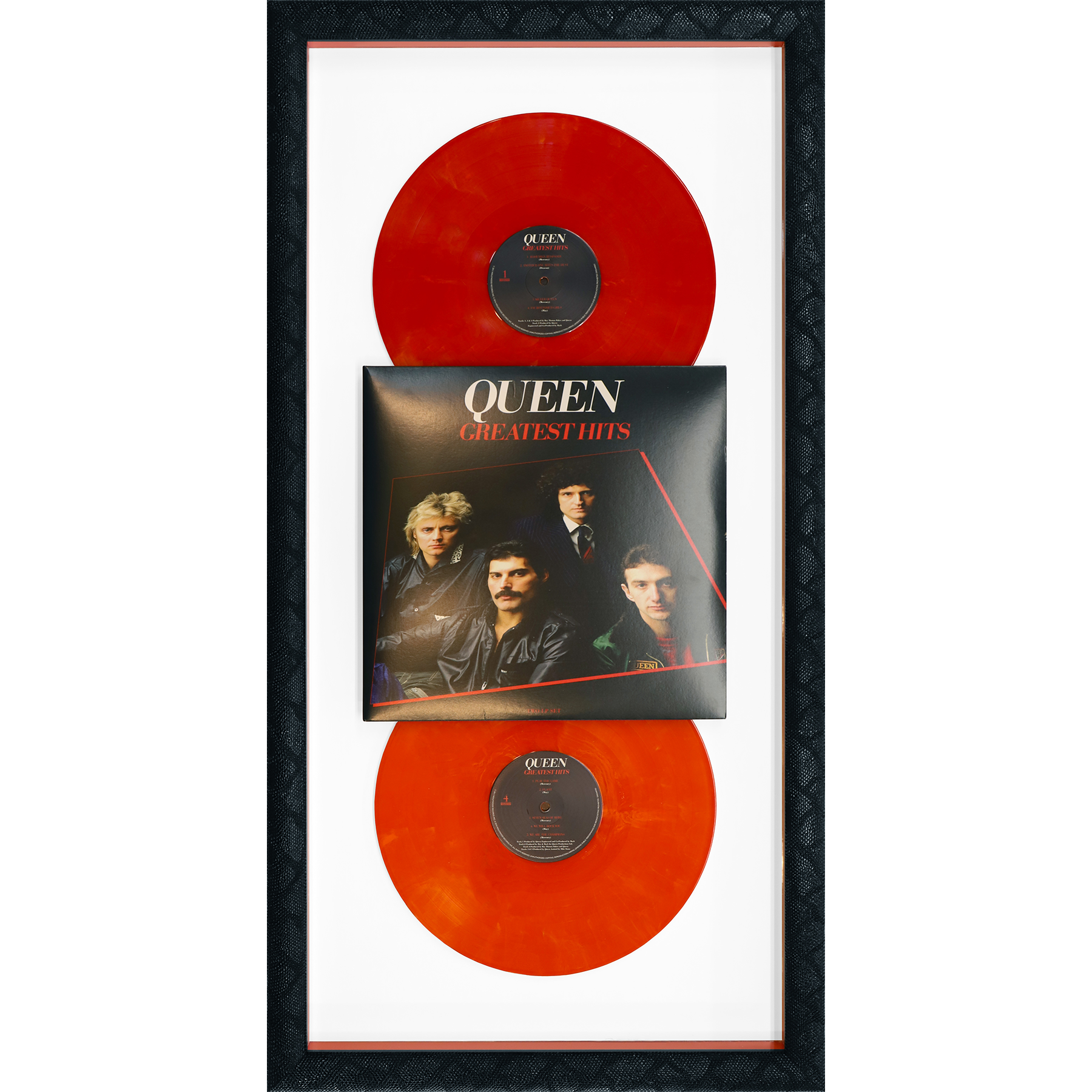 Queen's Greatest Hits Vinyl Records in Custom Black Snakeskin Shadow Box with Red Acrylic Sides