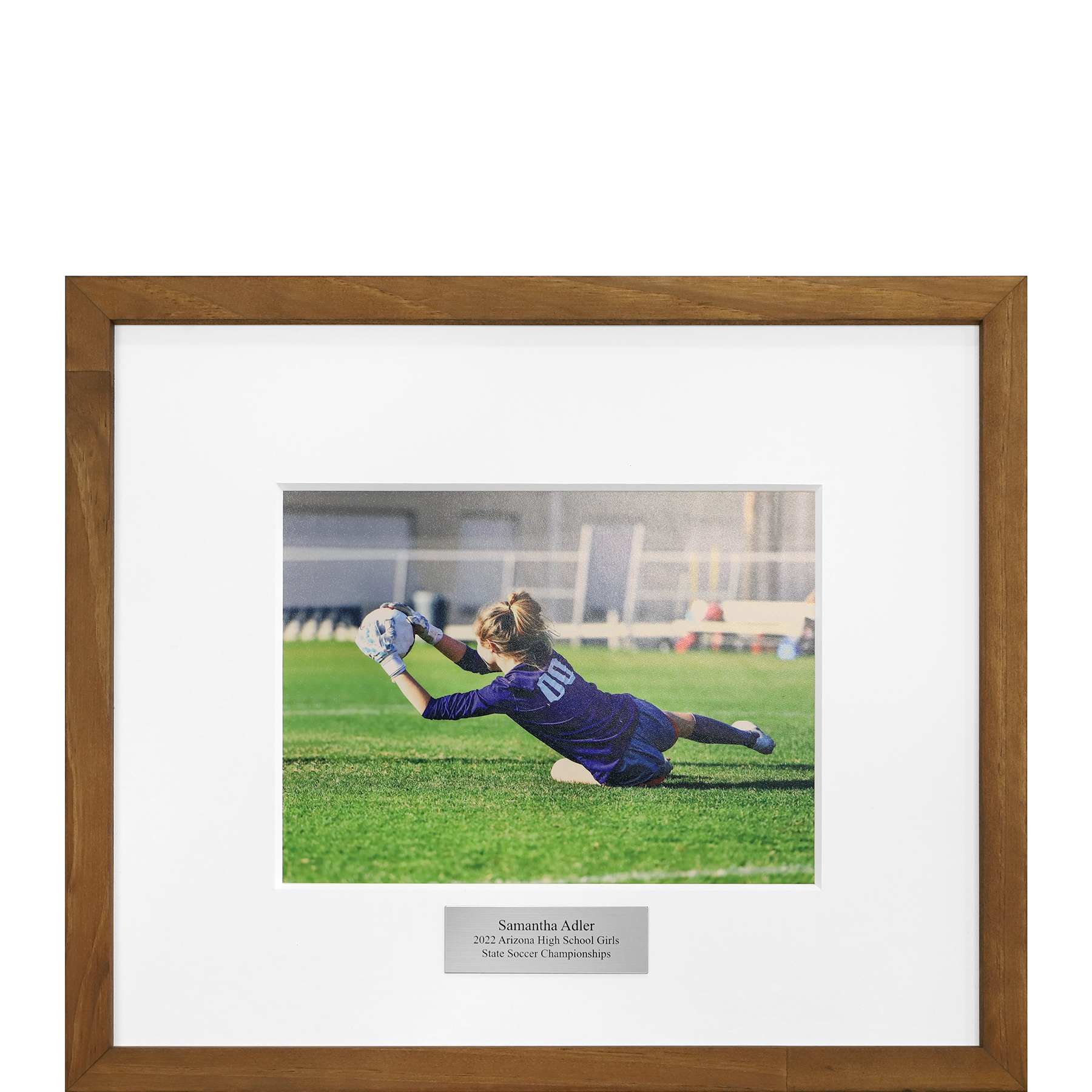 Photo of Goal Keeper in Custom Frame with Brushed Steel Laser Engraved Plate
