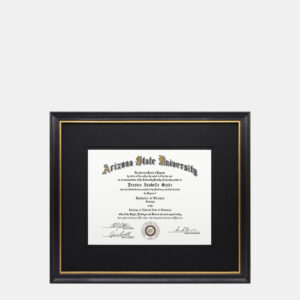 A photo of a black and gold 8.5x11 associates bachelors degree diploma frame with black mats by Hall of Frames.