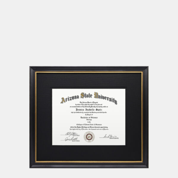 A photo of a black and gold 8.5x11 associates bachelors degree diploma frame with black mats by Hall of Frames.