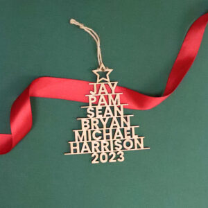 Name Tree Ornament on Green Mat with Red Ribbon