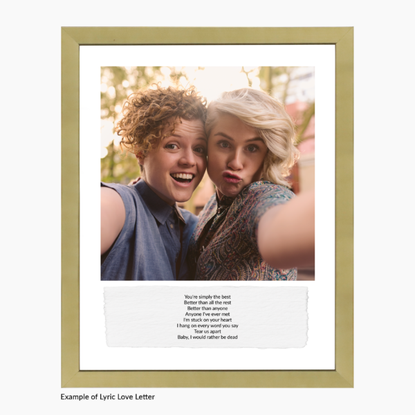 A photo of a Love Letter Frame in Thin Gold Frame with a Color Image and Lyric Letter
