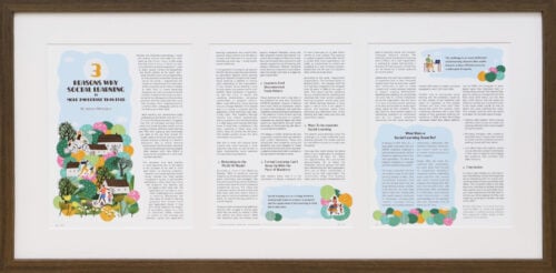 A photo of a custom framed learning magazine article by Hall of Frames
