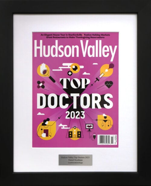 A photo of a custom framed Hudson Valley Magazine cover featuring Top Doctors  by Hall of Frames