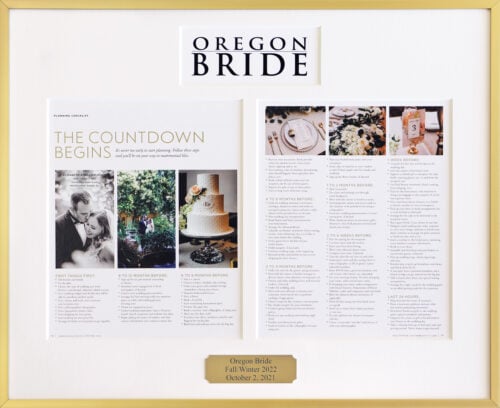 A photo of a custom framed Oregon Bride magazine article by Hall of Frames