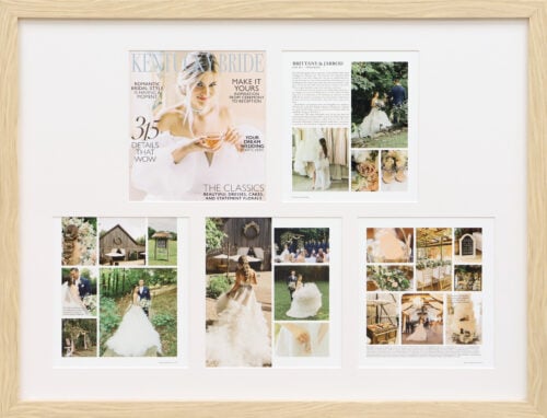 A photo of a custom framed five page Kentucky Bride magazine article spread by Hall of Frames