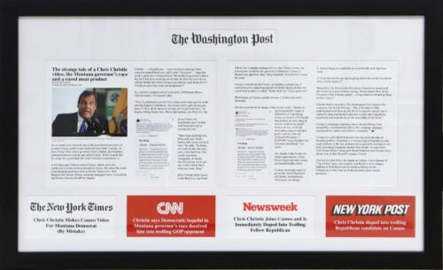 A photo of a double page framed Washington Post newspaper article by Hall of Frames