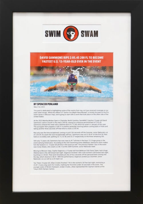 A photo of a custom framed framed Swim Swam online article framed by Hall of Frames
