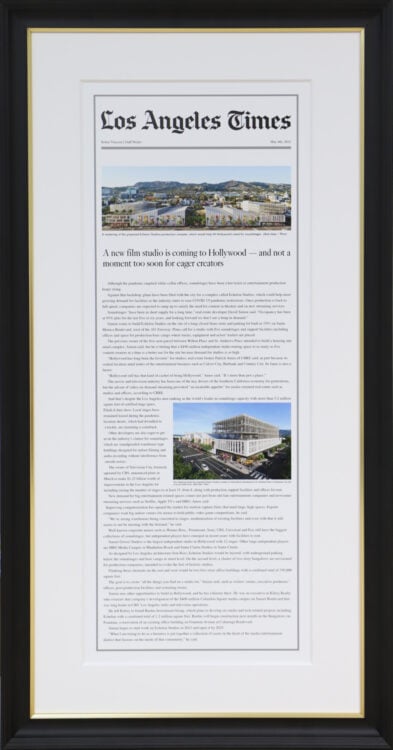 A photo of a custom framed Los Angeles Times online article framed by Hall of Frames