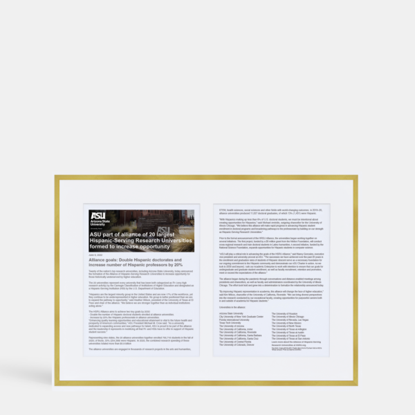 A photo of custom framed two page digital article spread in a thin modern gold brass by Hall of Frames.