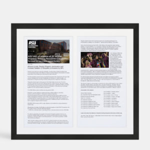 A photo of a custom framed large double page digital article with headliner by Hall of Frames.