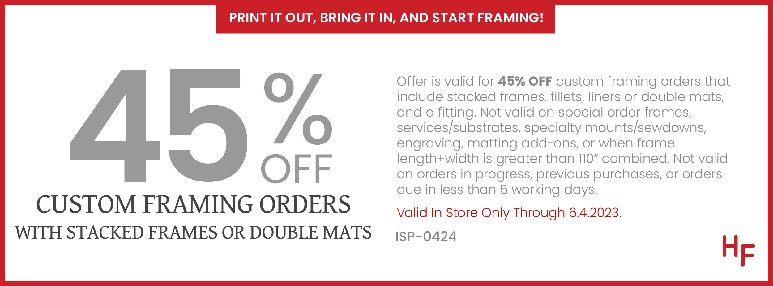 45% off Custom Framing Order with Stacked Frames or Double Mats