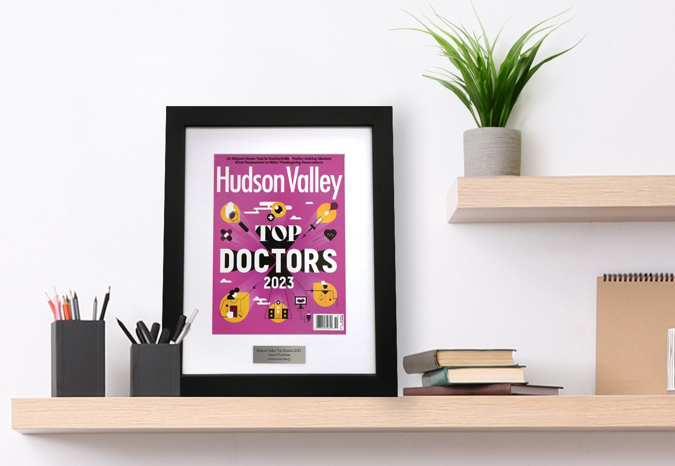 A photo of a framed Hudson Valley Magazine cover with a laser engraved plaque sitting on a shelf.
