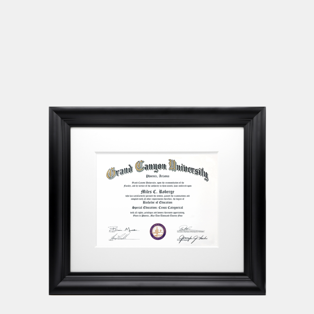 A photo of an 8x10 associates bachelors degree diploma frame in black by Hall of Frames