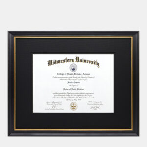 A photo of a black and gold 15.75x22 Medical doctor degree diploma frame with black mats by Hall of Frames.