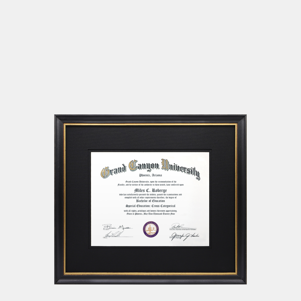 A photo of a black and gold 8x10 associates bachelors degree diploma frame with black mats by Hall of Frames.