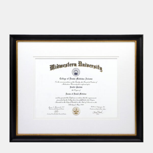 A photo of a black and gold 8.5x11 associates bachelors degree diploma frame with cream mats by Hall of Frames.