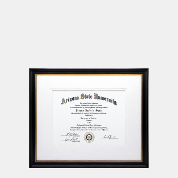 A photo of a black and gold 8.5x11 associates bachelors degree diploma frame with cream mats by Hall of Frames.