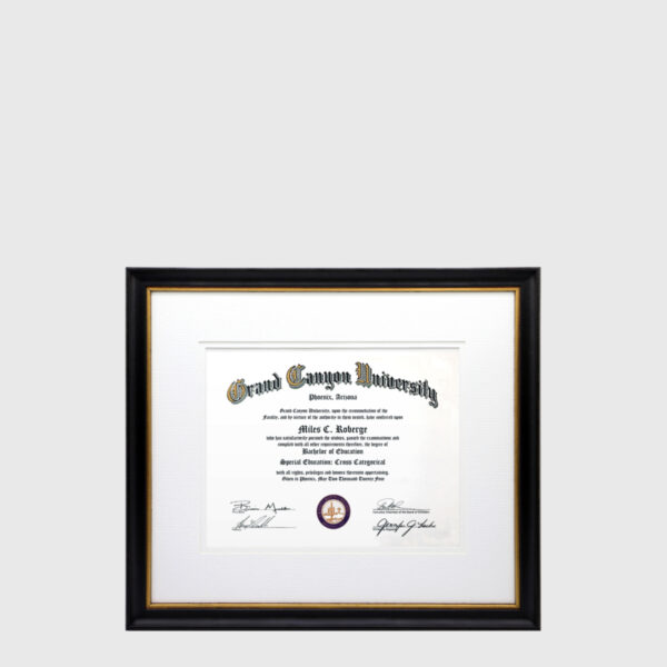 A photo of a black and gold 8x10 associates bachelors degree diploma frame with cream mats by Hall of Frames.