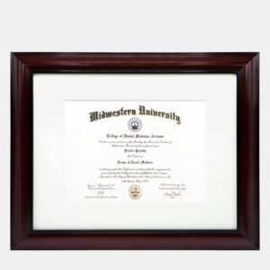 A photo of a medical degree diploma frame in mahogany brown by Hall of Frames