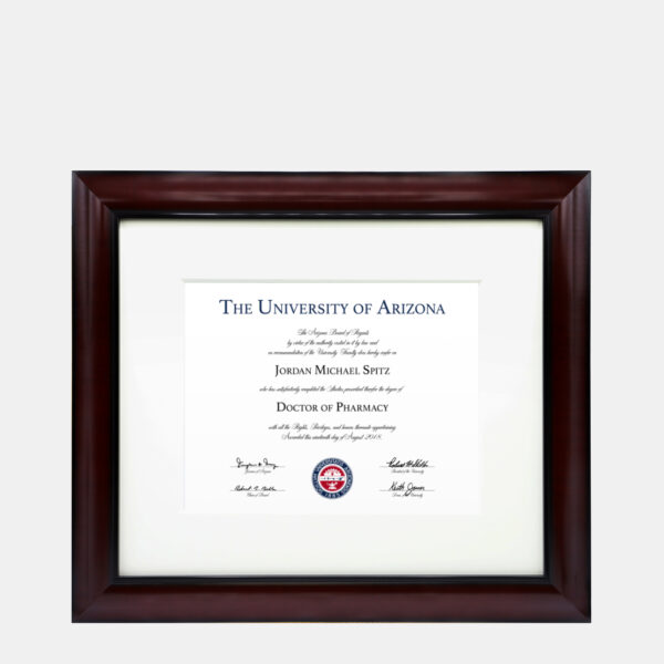 A photo of a 8x10 associates bachelors diploma frame in mahogany brown by Hall of Frames
