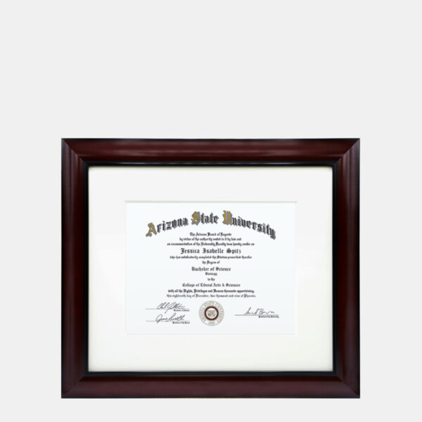 A photo of a 8.5x11 associates bachelors diploma frame in mahogany brown by Hall of Frames