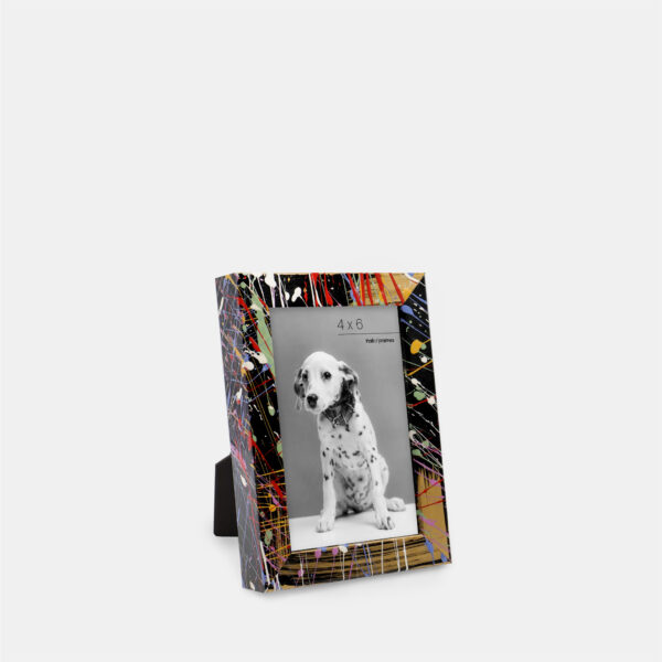 A paint splatter frame in the color Acro Mist featuring a photo of a Dalmatian puppy. 