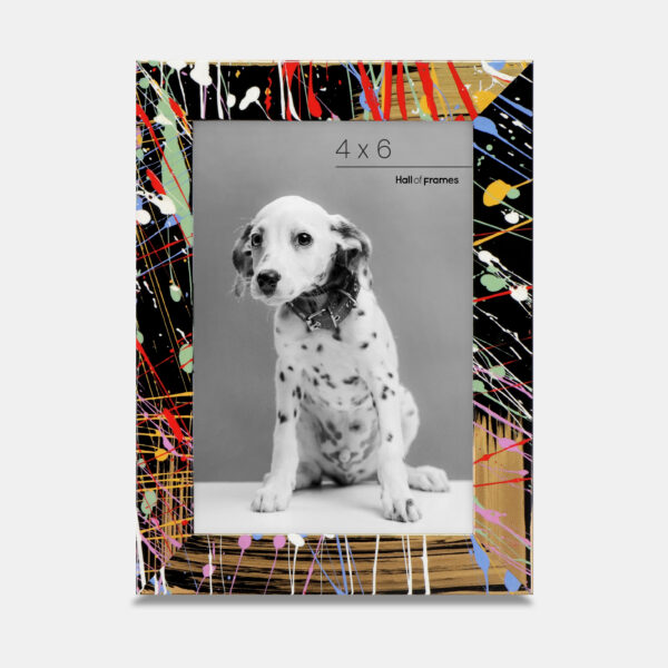 A paint splatter frame in the color Acro Mist featuring a photo of a Dalmatian puppy. 